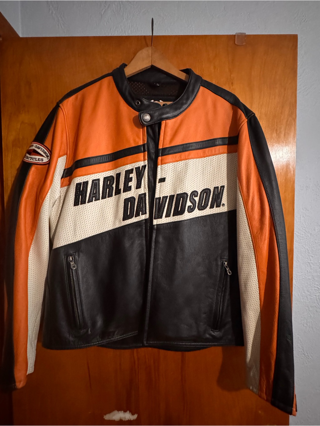 Harley-Davidson Menâs Black, Orange & Cream Racing Leather Jacket